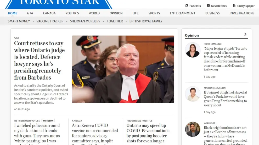 Portada del 'Toronto Star' en su versión digital.
