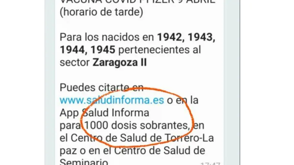 Mensaje con 1.000 vacunas sobrantes en Zaragoza.