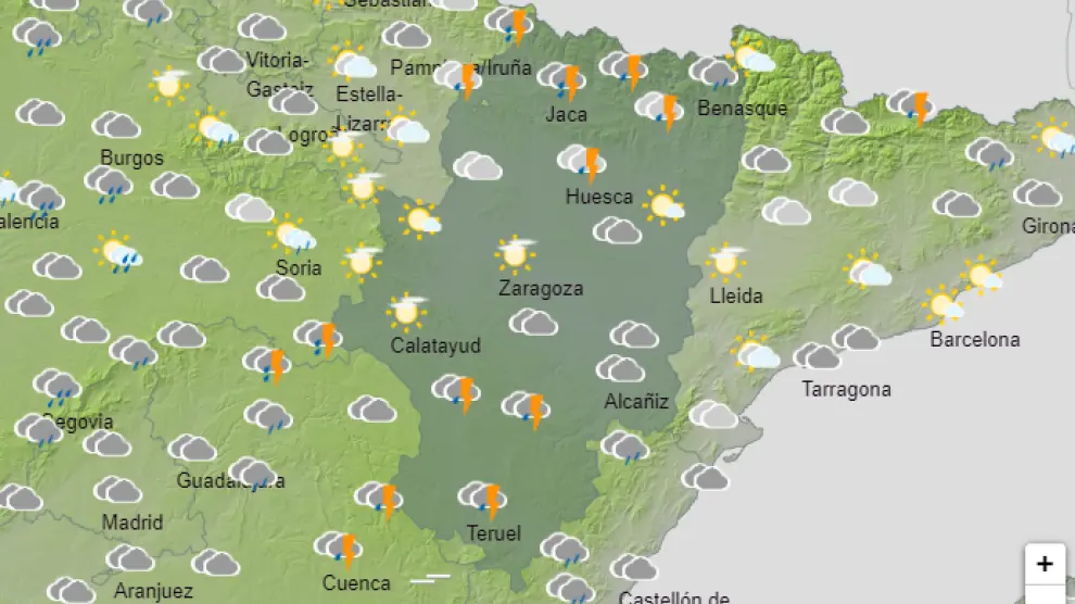 Una imagen de la predicción de la Aemet en Aragón para este miércoles por la tarde.