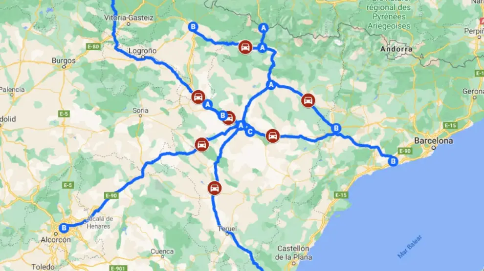Mapa de las autovías y autopistas que pasan por Aragón