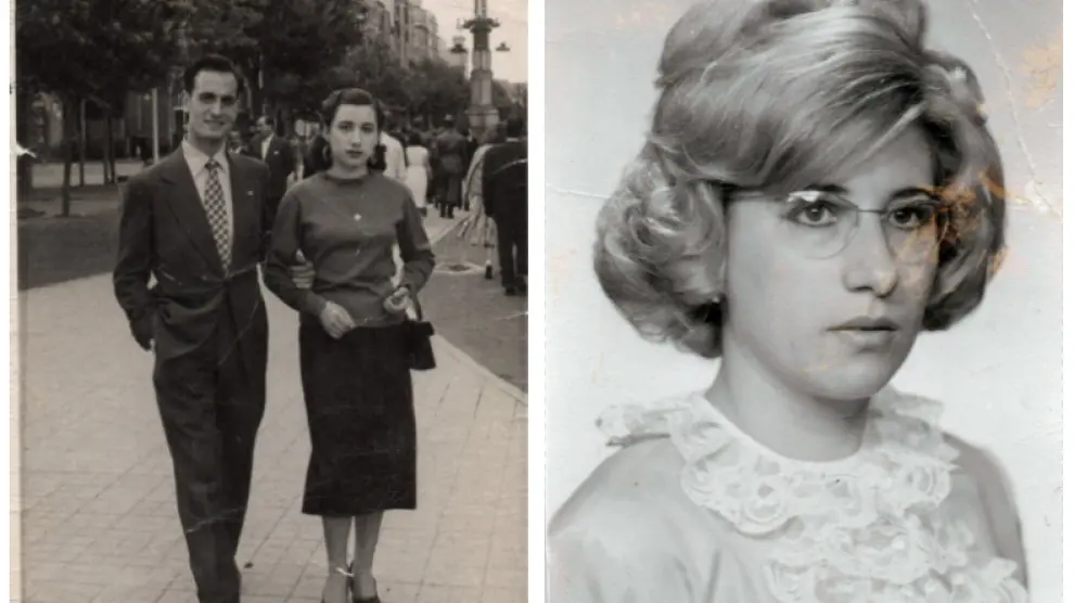 Aurora Buil, en dos imágenes de archivo facilitadas por sus hijos. En la primera, en la capital aragonesa, al poco de casarse.