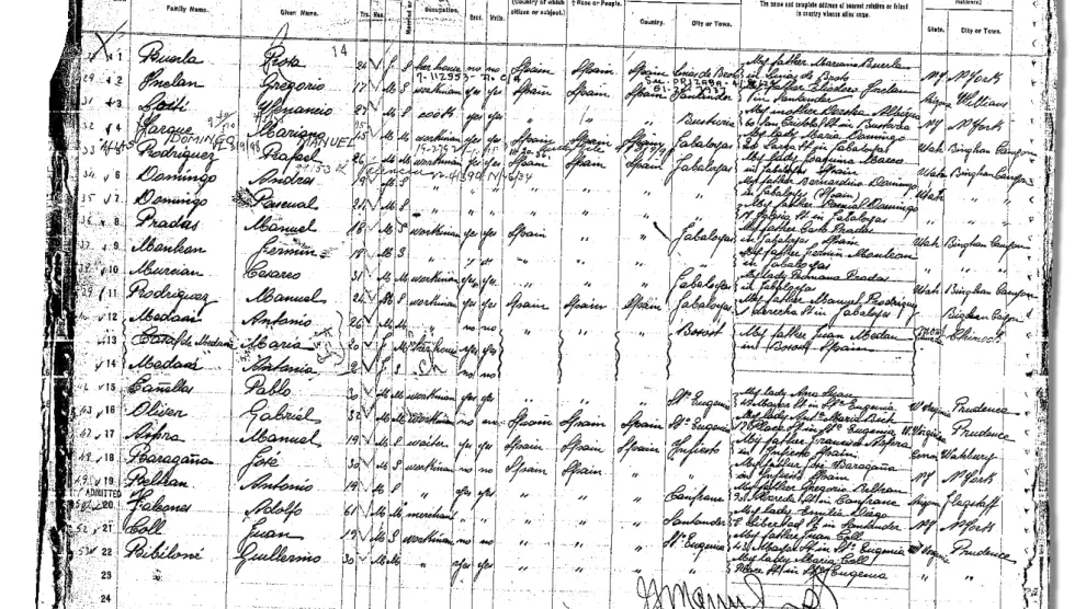 Lista de embarque en la que aparece Andrés Domingo con otros vecinos de Jabaloyas llegados a Nueva York el 25 de agosto de 1916.