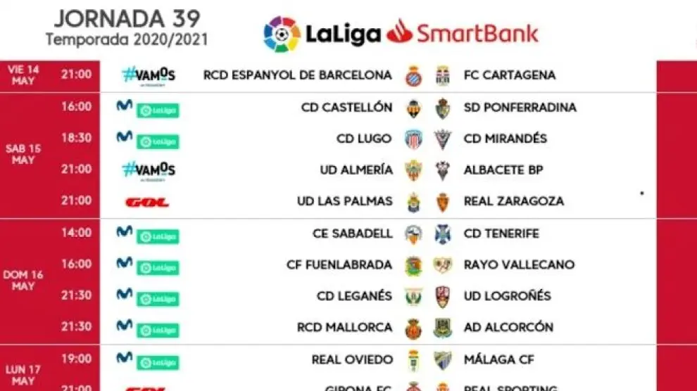 Horarios y fechas de la jornada 39ª de Segunda División.