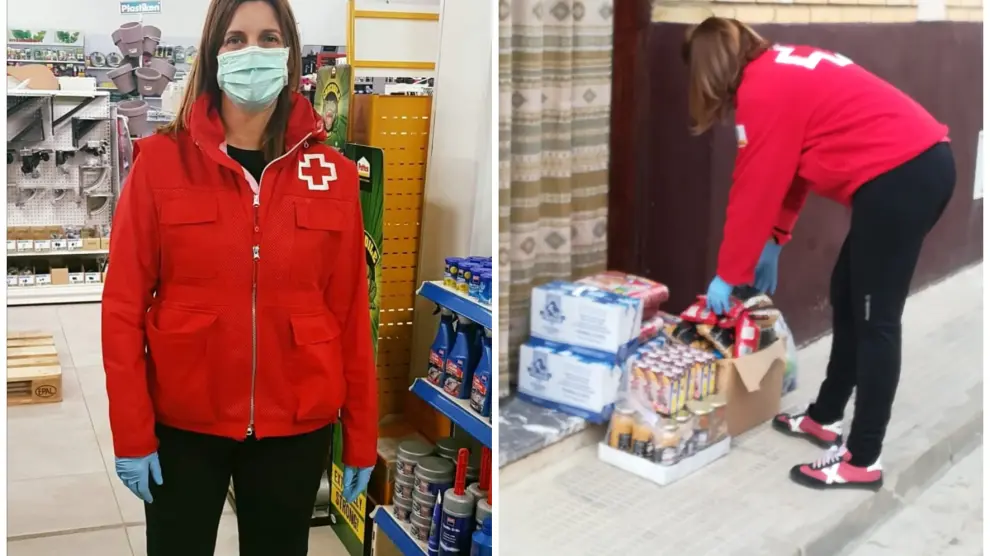 Lourdes Baños, voluntaria de Cruz Roja en Ejea de los Caballeros, trabajando durante la pandemia.