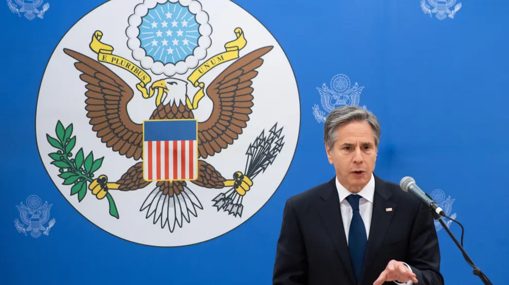 U.S. Secretary of State Blinken speaks to employees at the U.S. Embassy in Reykjavik