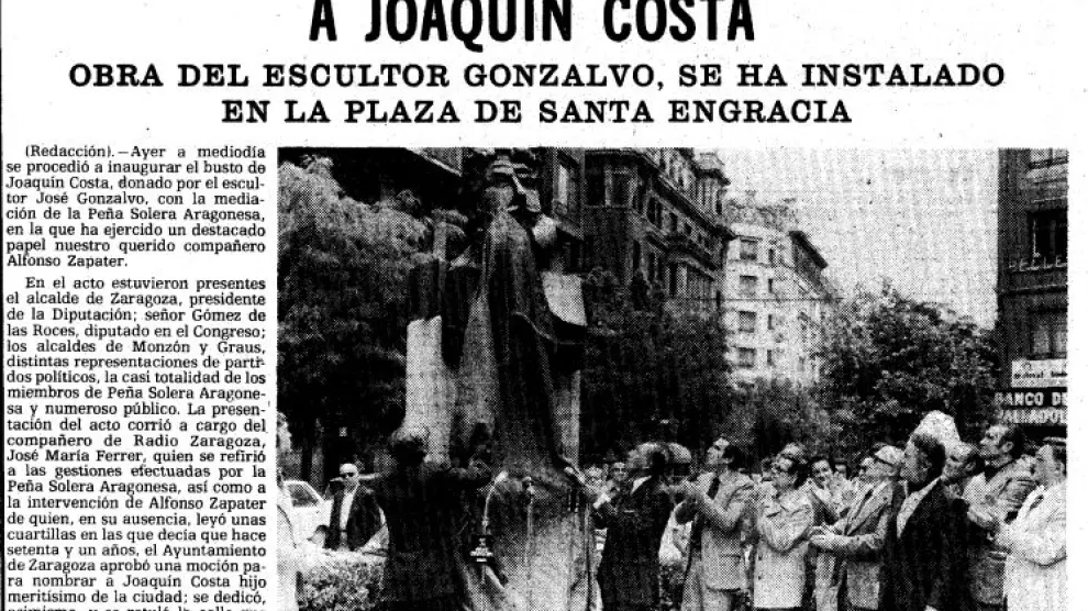 Noticia de la inauguración del busto de Joaquín Costa en la plaza de Santa Engracia, en junio de 1979.