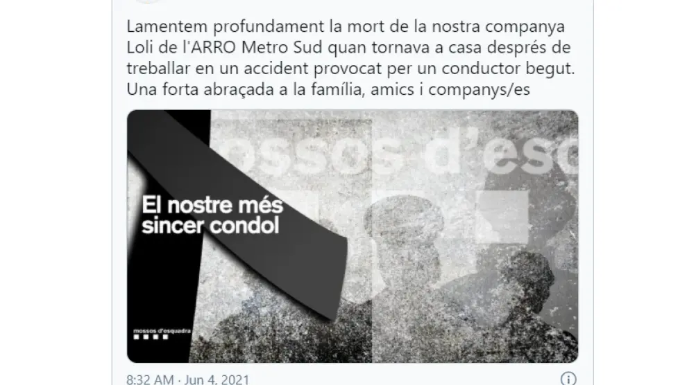 Tuit de los Mossos d'Esquadra lamentando la muerte de una compañera fallecida en un accidente provocado por un conductor borracho.