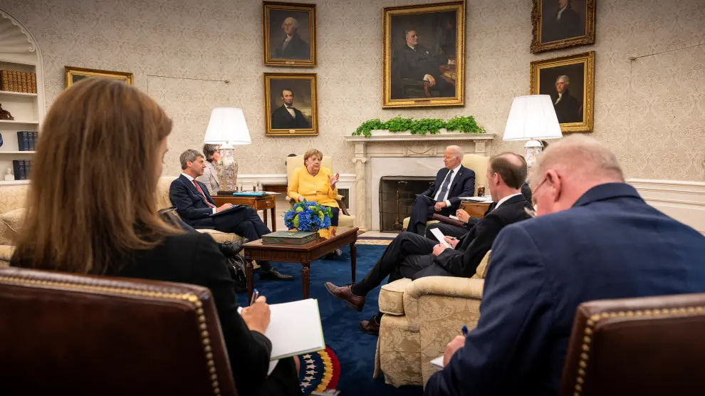 U.S. President Biden holds a bilateral meeting with German Chancellor Merkel in the Oval Officeat the White House in Washington