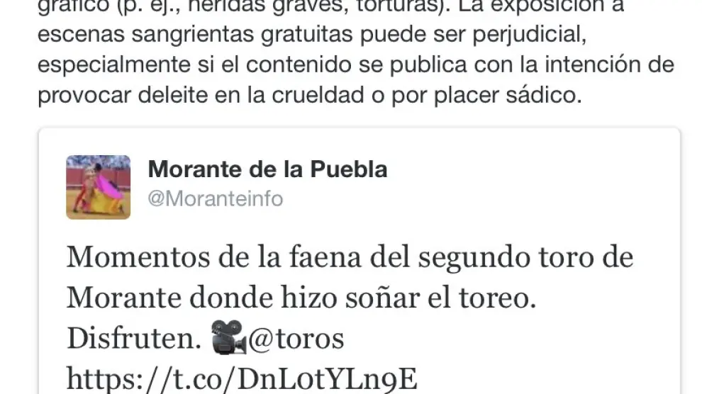 Twitter bloquea la cuenta del torero Morante de la Puebla por fomentar "placer sádico".
