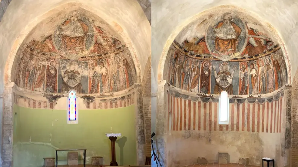 Las restauradas pinturas góticas de la ermita de Cabañas, monumento nacional, en La Almunia de Doña Godina (Zaragoza).