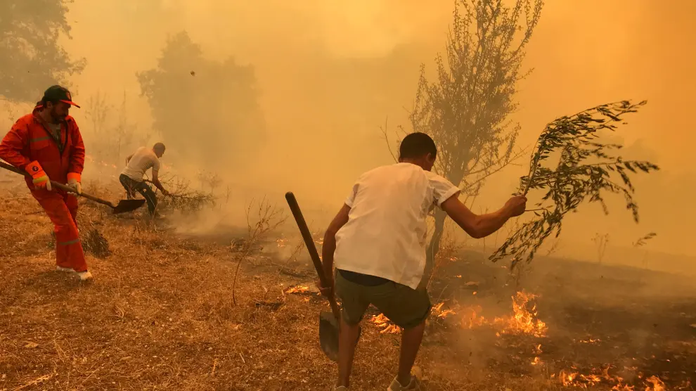 People use tree branches in an attempt to put out the flames of a wildfire in Iboudraren village