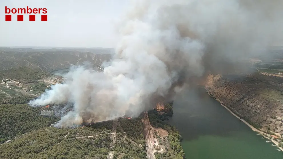 Los Bomberos trabajando en el incendio declarado este jueves en LaPobla de Massaluca (Tarragona), junto al río Ebro.