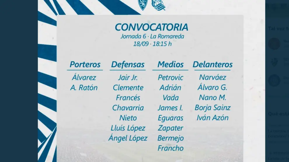 La lista de 22 convocados del Real Zaragoza para jugar ante la Real Sociedad B.