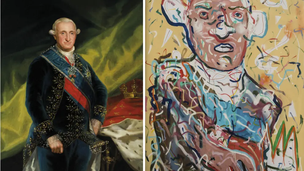 A la izda., la obra original 'Retrato del rey Carlos IV'. A la derecha, reinterpretación de esta obra por parte de Javier Remírez.