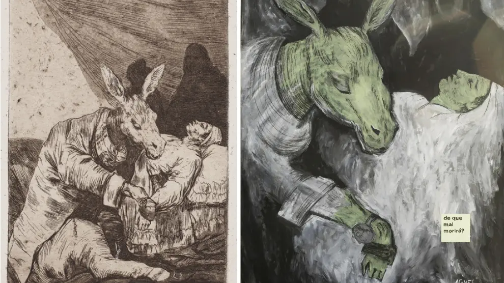 A la izda., la obra original '¿De qué mal morirá?'. A la derecha, reinterpretación de esta obra de Agnes Daroca.