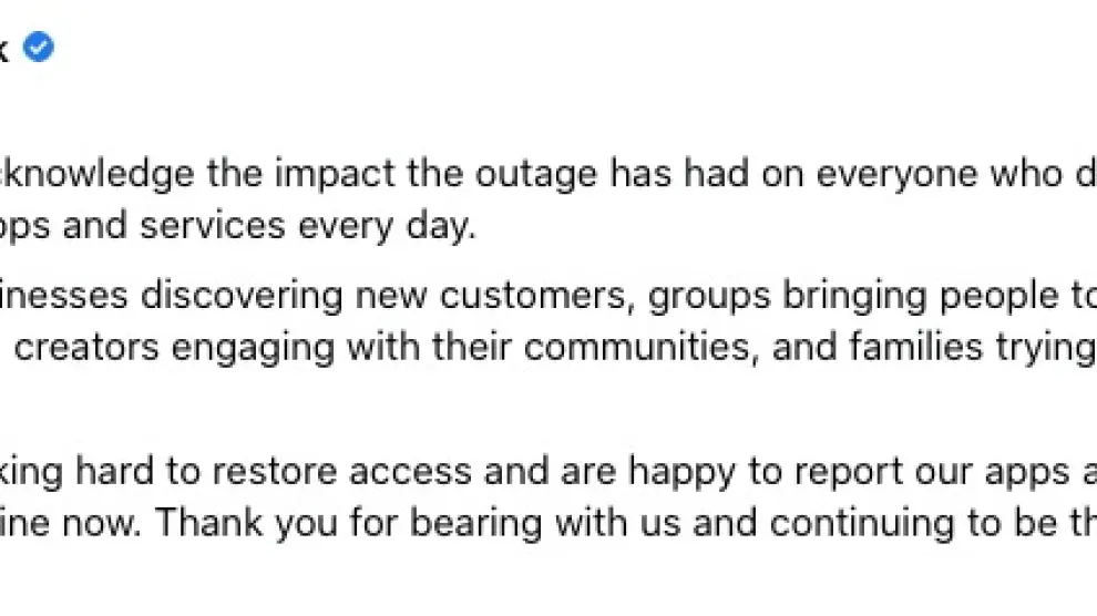 Screenshot of Facebook's post on its social media platform after a nearly six-hour outage on Facebook, Instagram and WhatsApp