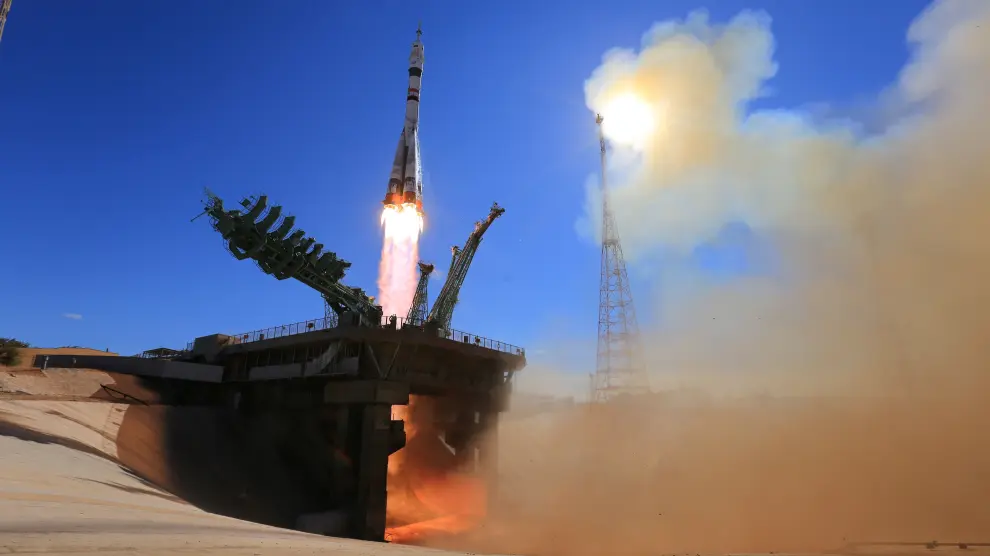 The Soyuz MS-19 spacecraft carrying ISS crew blasts off from the launchpad at the Baikonur Cosmodrome