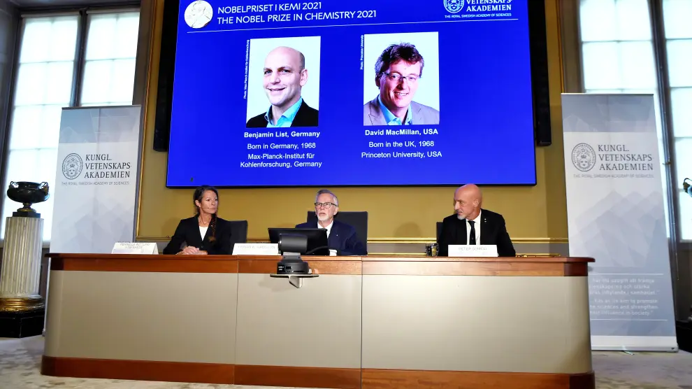 Announcement of winners of the 2021 Nobel Prize in Chemistry in Stockholm