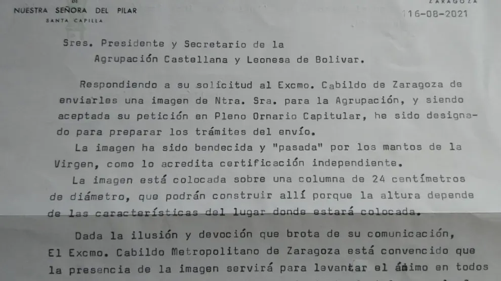 Carta enviada por el capellán de la Virgen, José María Bordetas.