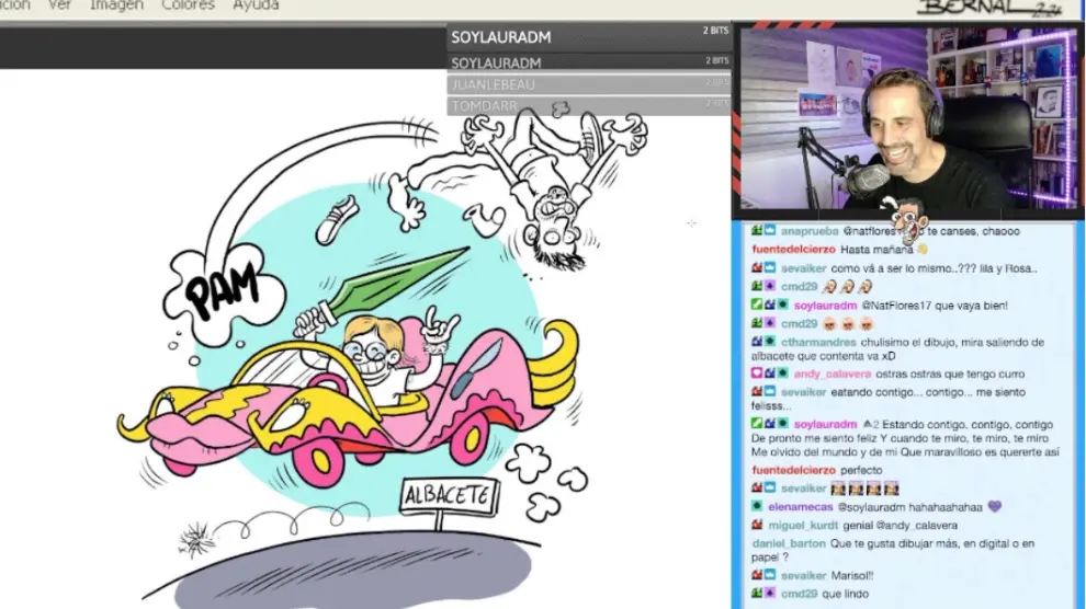 El zaragozano Bernal dibujando en directo en su canal en Twitch.
