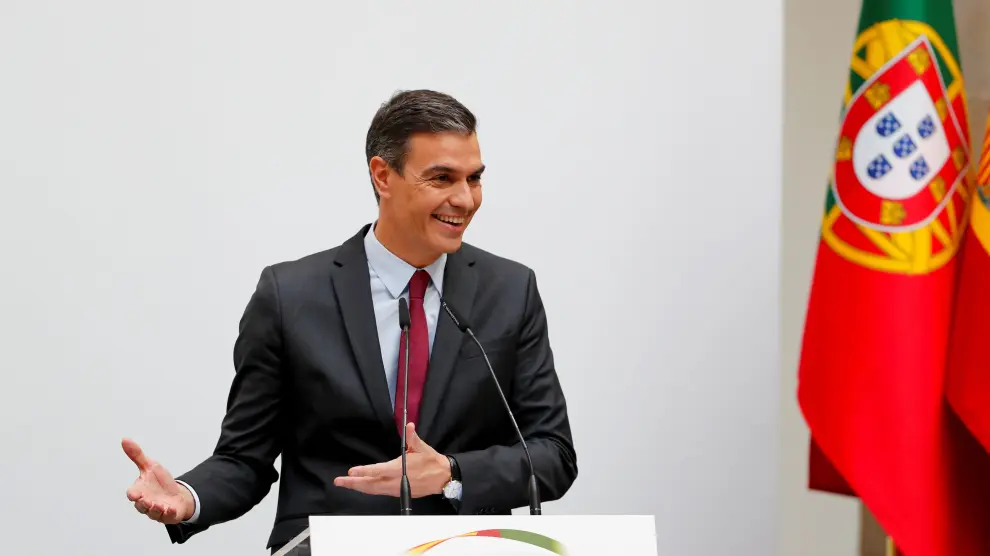 Pedro Sánchez, este jueves durante la rueda de prensa conjunta con el presidente de Portugal Antonio Costa.