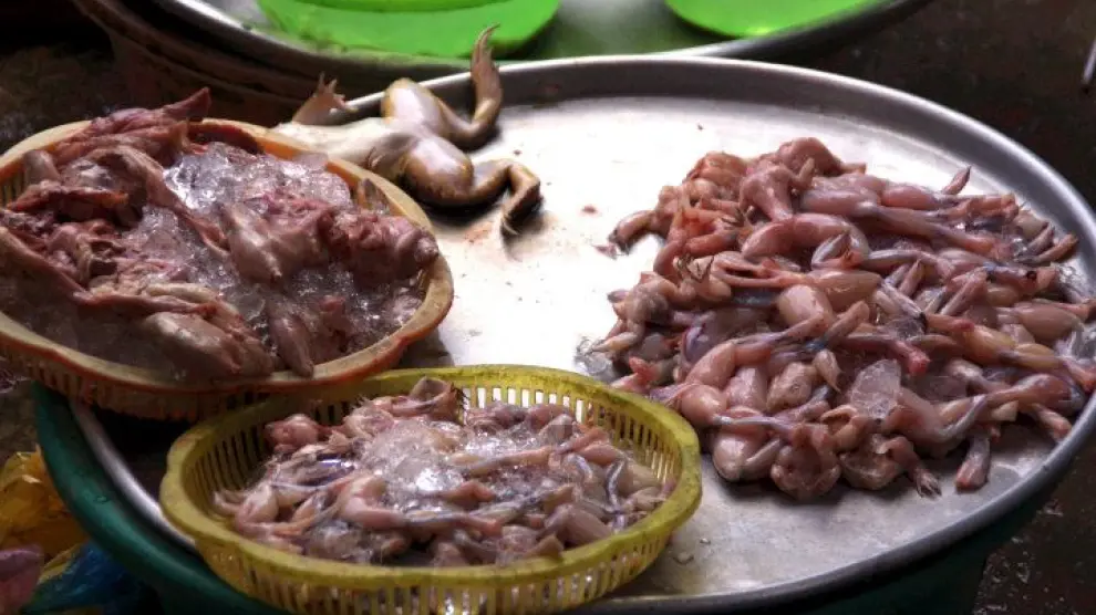 Ranas troceadas a la venta en un mercado de productos frescos vietnamita.