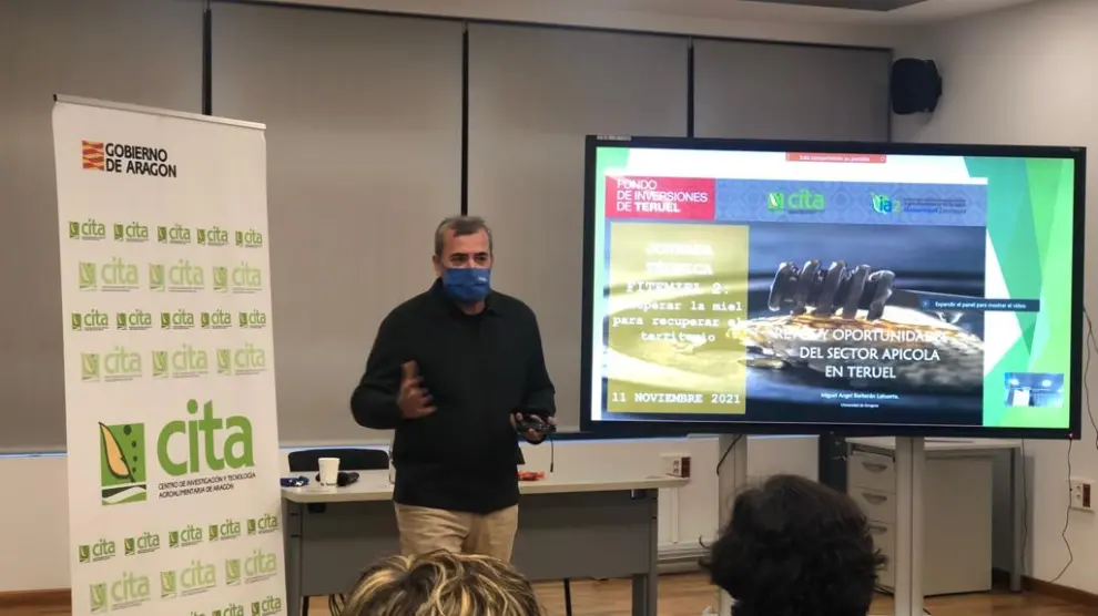 Uno de los ponentes en la jornada técnica, Miguel Ángel Barberán, profesor de la Universidad de Zaragoza, explica los retos del sector apícola en Teruel.