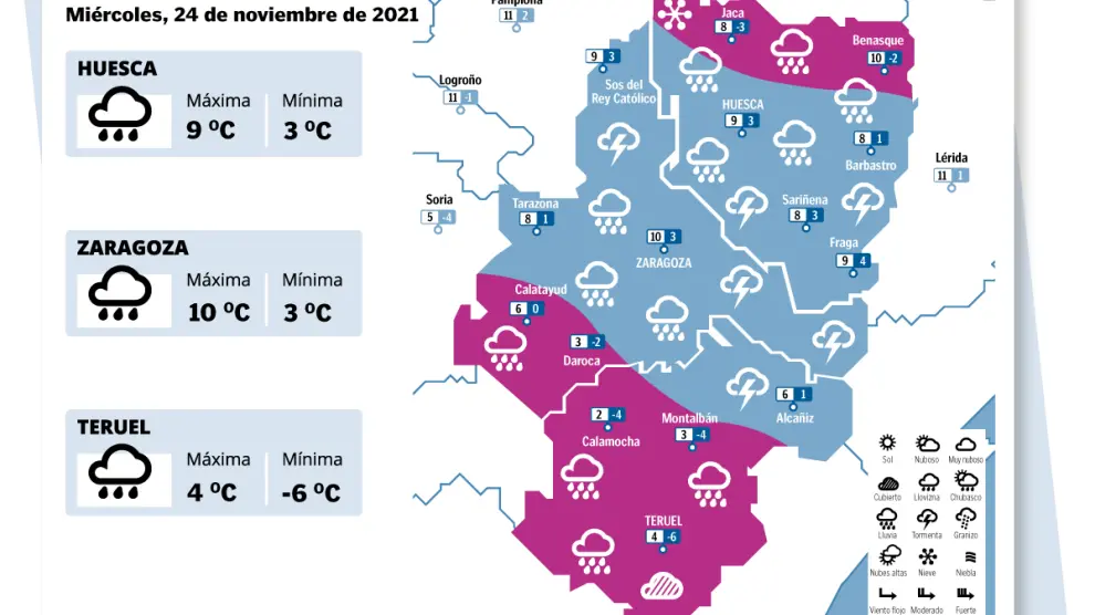 Mapa del tiempo en Aragón el 24 de noviembre de 2021
