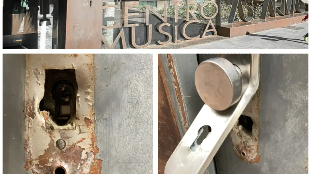 Imágenes de la cerradura del Centro Musical Las Armas, que ha sido reventada esta madrugada.