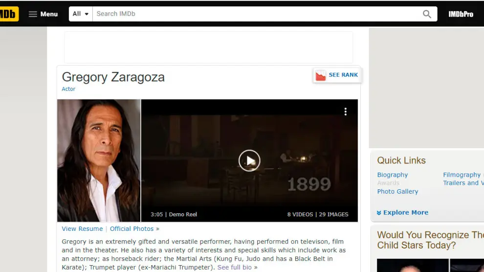 El actor Gregory Zaragoza en IMDb
