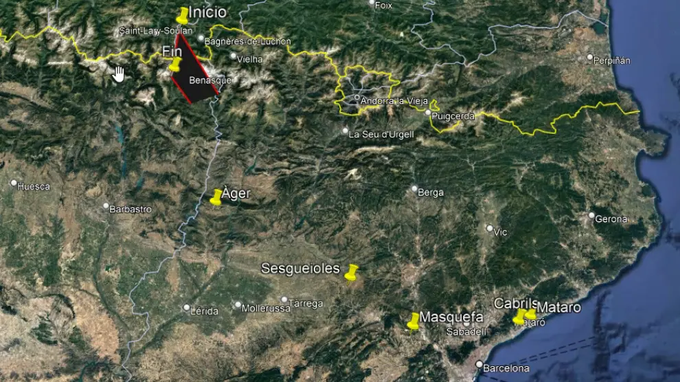 Mapa con la zona acotada de la provincia de Huesca donde posiblemente cayó el meteorito detectado.