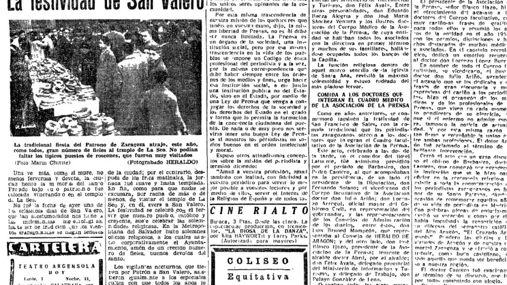 Recorte de Heraldo de Aragón correspondiente al 30 de enero de 1953, jornada posterior a la festividad de San Valero.
