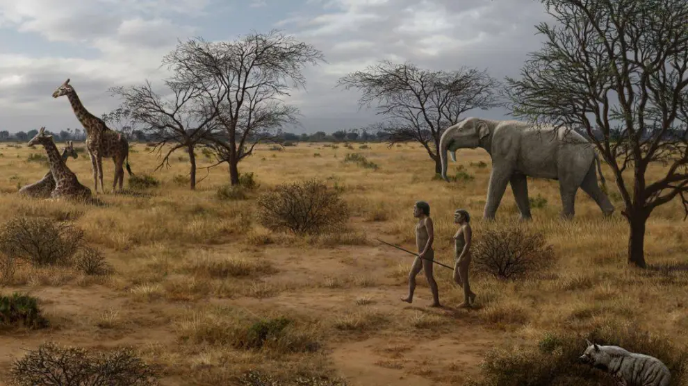 Homo erectus en África oriental rodeado de fauna contemporánea