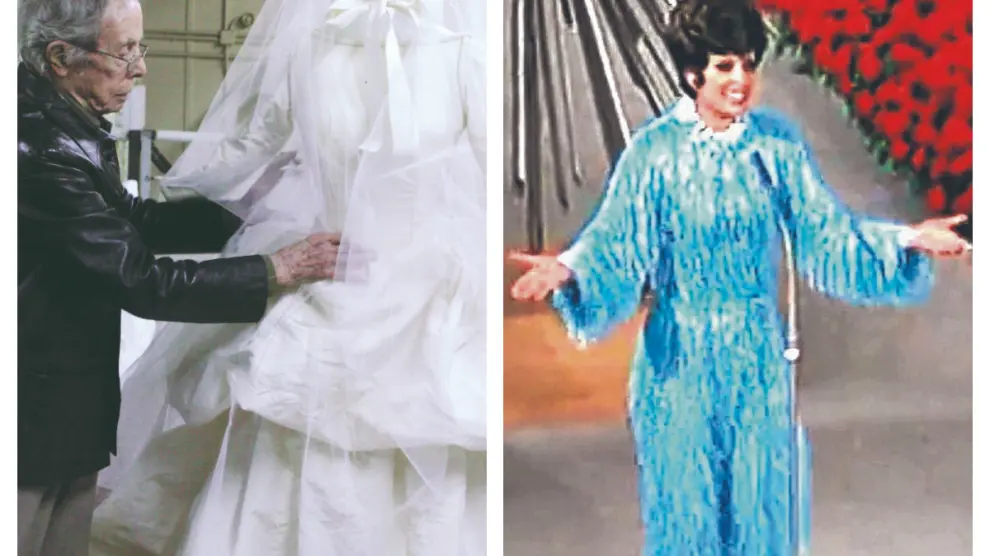 Manuel Pertegaz, a la izquierda, dando los últimos toques a un diseño de vestido de novia. Arriba, el vestido con el que Salomé ganó Eurovisión en 1969, una de las creaciones más emblemáticas del modisto turolense.