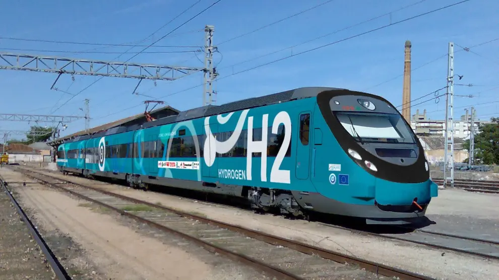 Imagen virtual del tren Civia de Renfe que CAF transformará en el nuevo ferrocarril de hidrógeno.