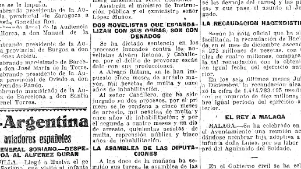 Recorte con el estreno del espectáculo de Álvaro Retana en 1926.