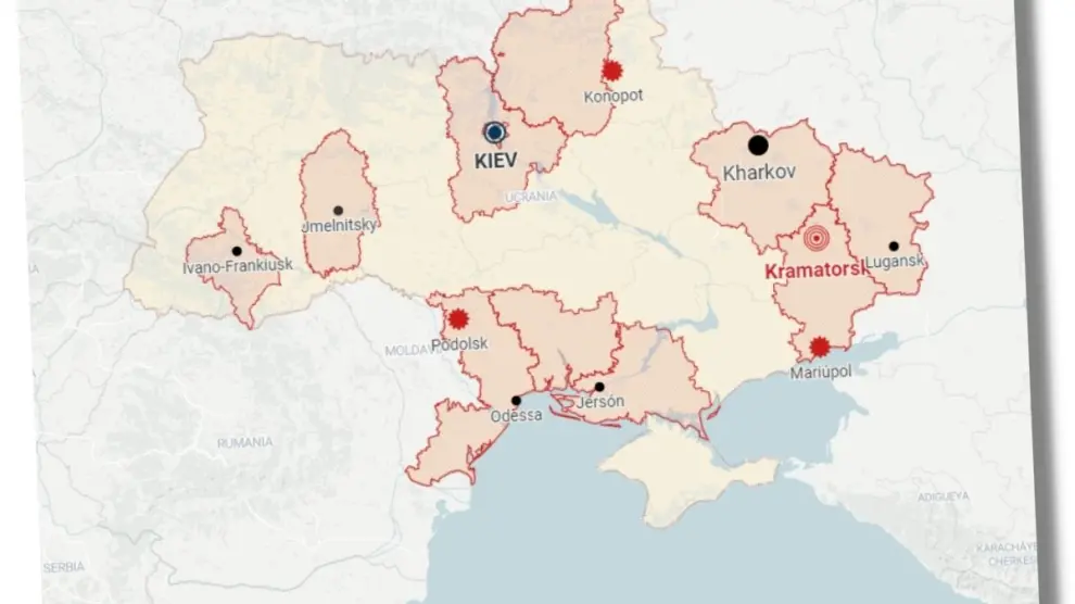 El mapa de los ataques rusos en Ucrania.