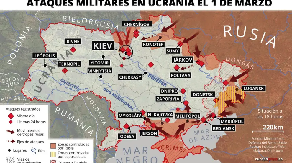 Mapa de los ataques militares este martes en Ucrania