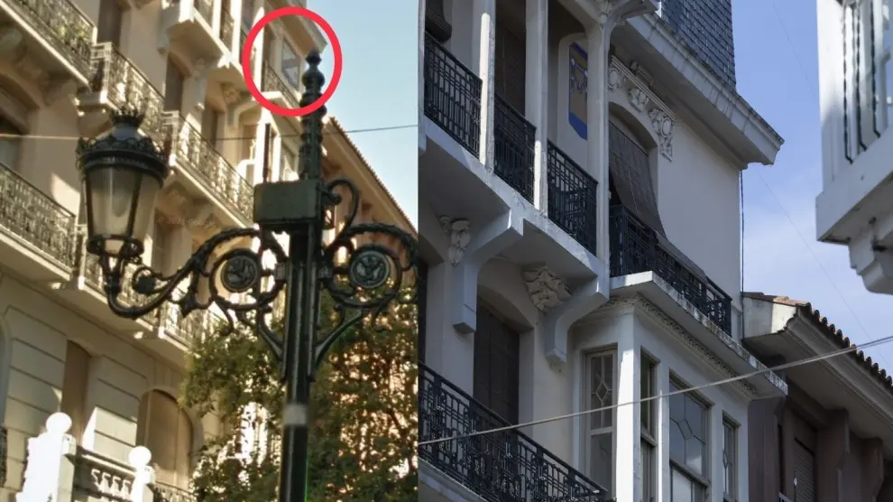 A la izquierda, la fachada del edificio que da a Espoz y Mina, con la placa que recordaba el bombardeo señalada con un círculo rojo. A la derecha, estado actual.
