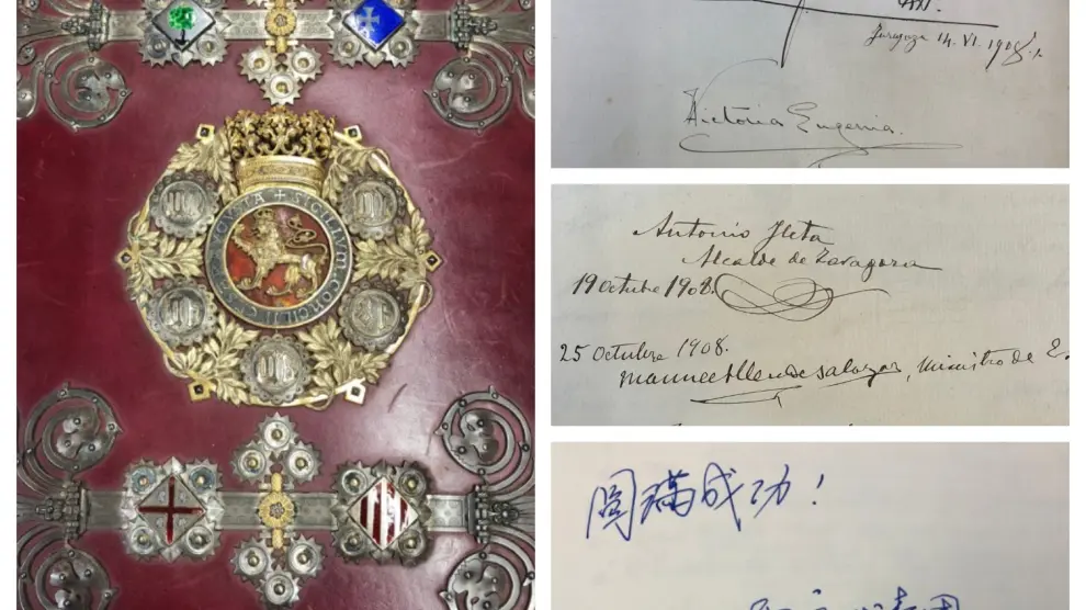 Portada del libro original y algunas de las firmas. Arriba, la de Alfonso XIII.