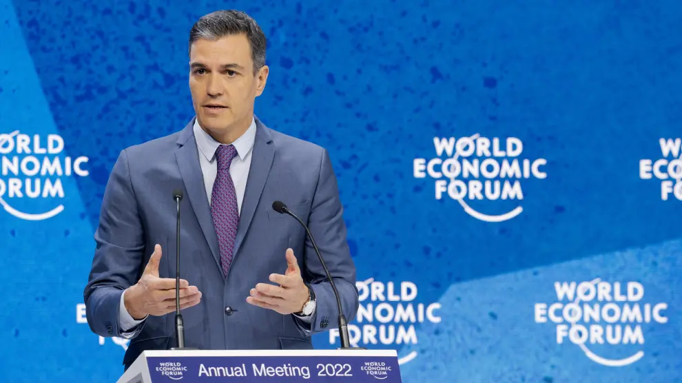 El presidente del Gobierno, Pedro Sánchez, durante su intervención en el Foro Económico Mundial celebrado en Davos (Suiza).