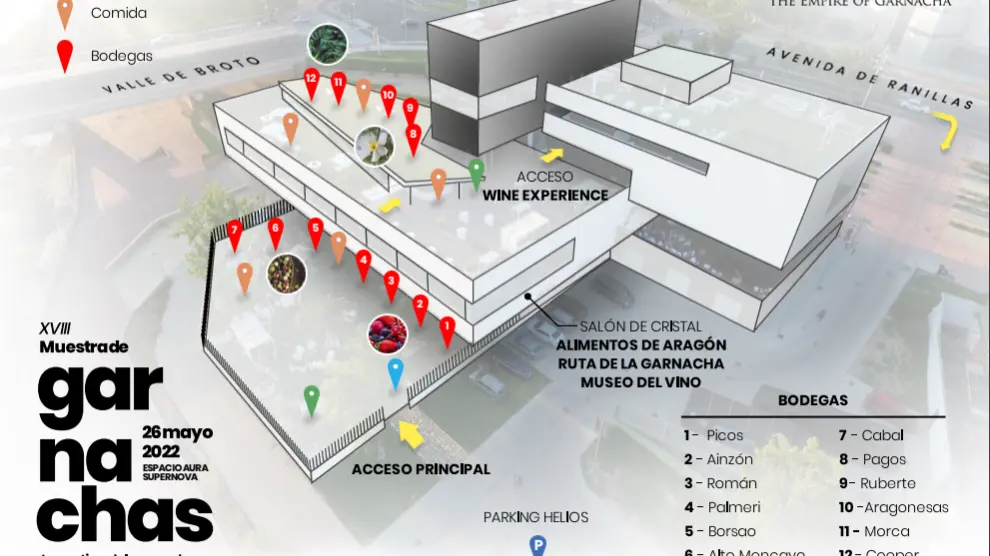 Plano que muestra la distribución de la XVIII Muestra de Garnachas de la Denominación de Origen Campo de Borja en el espacio Aura
