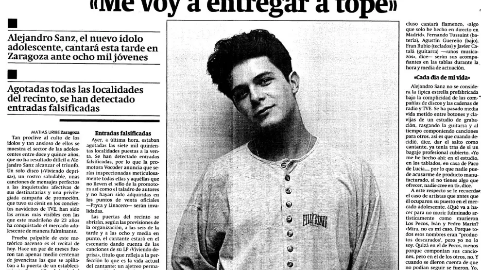 Entrevista a Alejandro Sanz publicada el día previo a su actuación en Zaragoza el 29 de enero de 1992.