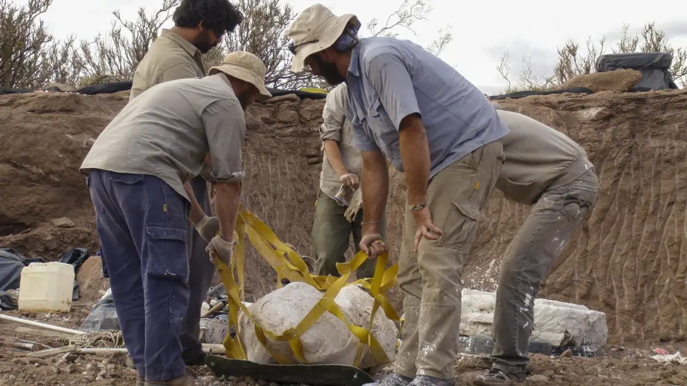 Vista de las excavaciones en la Patagonia argentina, donde se encontraron los restos del Meraxe gigas, una nueva especie de dinosaurio.