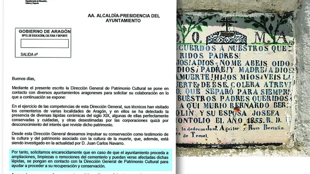 Carta de la DGA a todos los municipios para que conserven las lápidas como la de la foto, Fuentes de Rubielos.