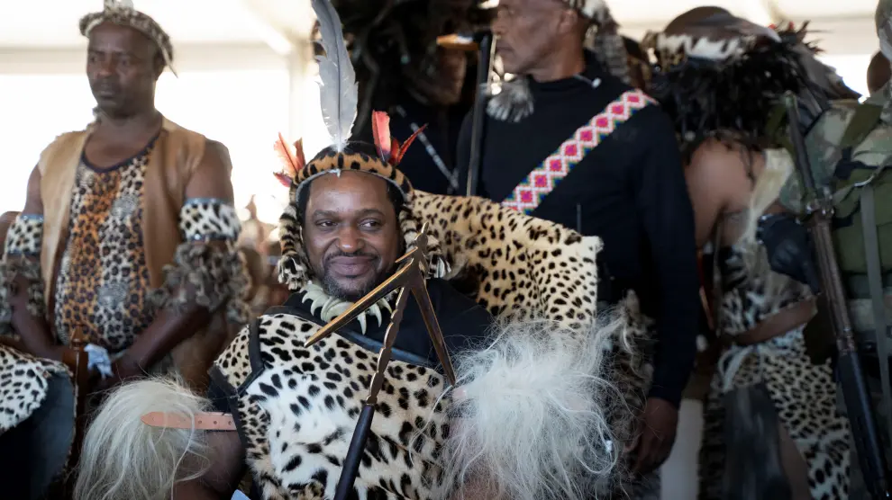 Zulu monarch King Misuzulu ka Zwelithini smiles during a traditional ceremony ahead of his coronation in Nongoma