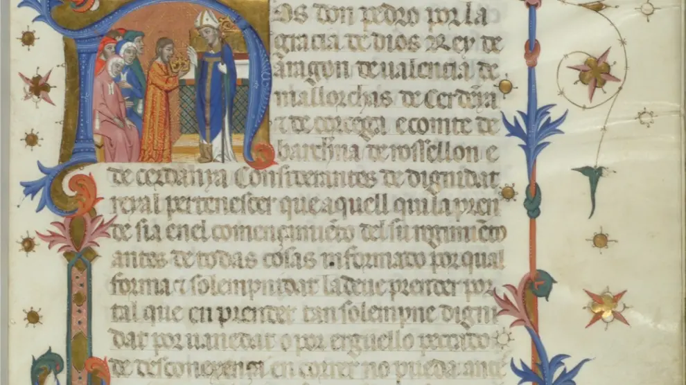 Detalle de unas de las páginas del códice, con la imagen de la coronación del rey.