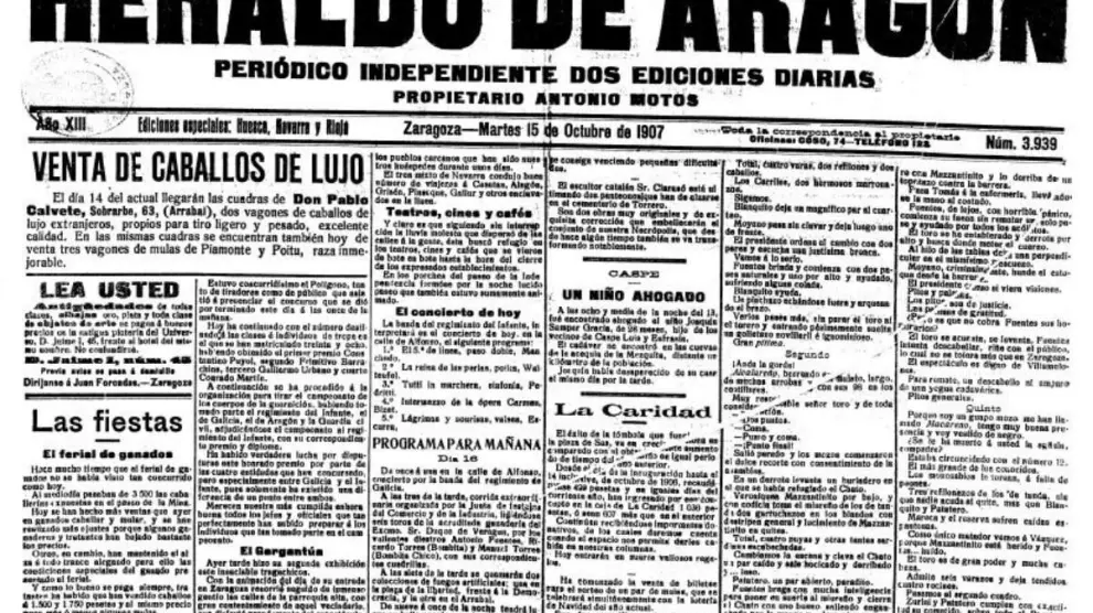Recorte de HERALDO sobre la primera aparición del Tragachicos o ‘Gargantúa’  en las Fiestas del Pilar de 1907.