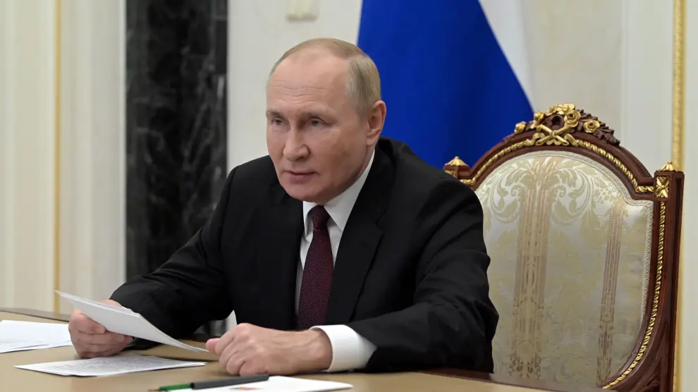 Russian President Putin addresses heads of security agencies of CIS states via video link in Moscow
