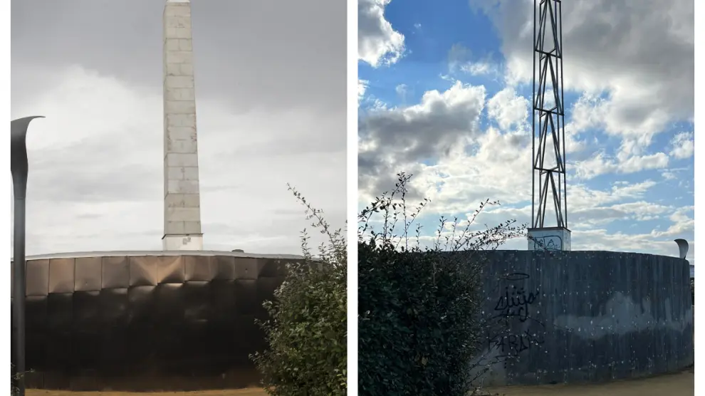 El antes y el después, es decir, el presente, del monumento del parque lineal del Plaza.
